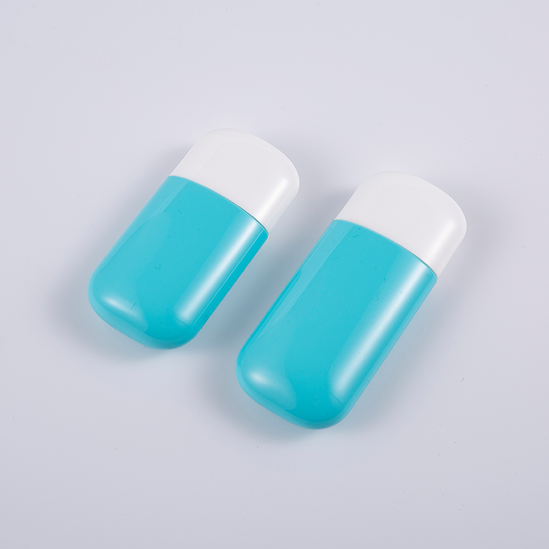 Flacone per protezione solare in PE blu da 30 ml e 50 ml con protezione UV